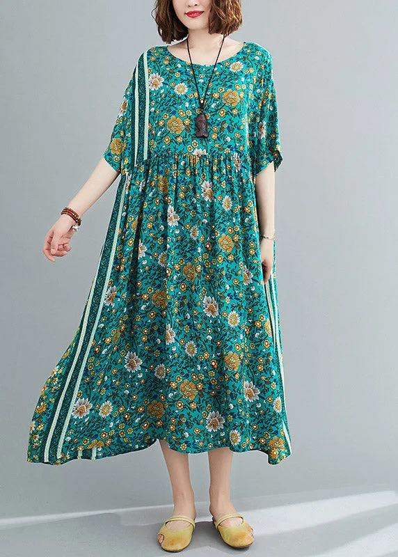 Price Cut summer dressLoose Green O-Neck Print Wrinkled Long Dresses Short Sleeve