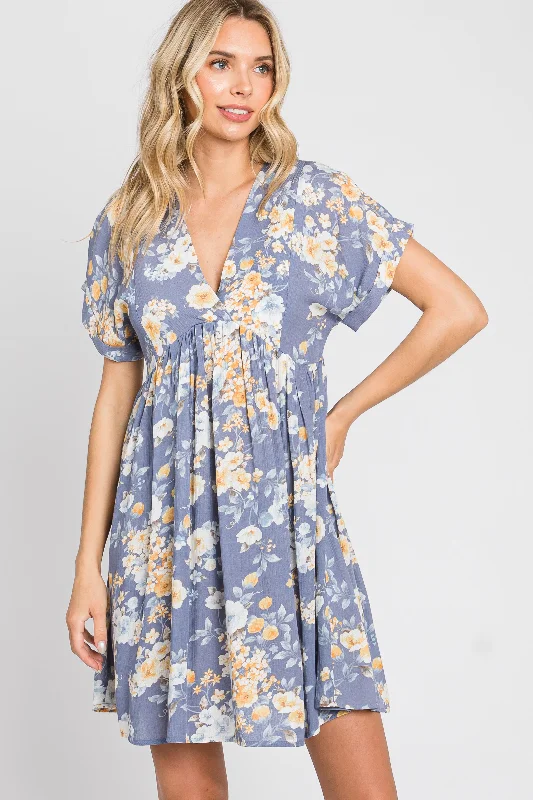 Exclusive Preview cocktail party dressBlue Floral V-Neck Short Sleeve Dress