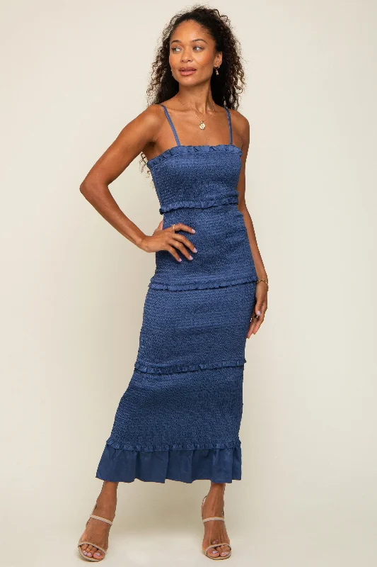 Year-End Clearance bodycon dressBlue Satin Smocked Fitted Maxi Dress