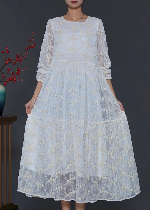 A-line dressFine White Square Colla Embroidered Silk Long Dress Spring