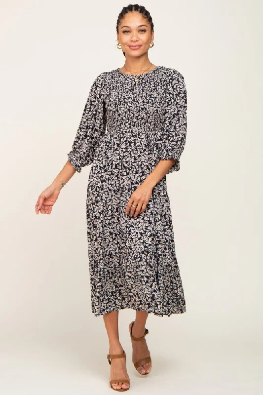 Special Savings flowy dressBlack Floral Smocked 3/4 Sleeve Midi Dress