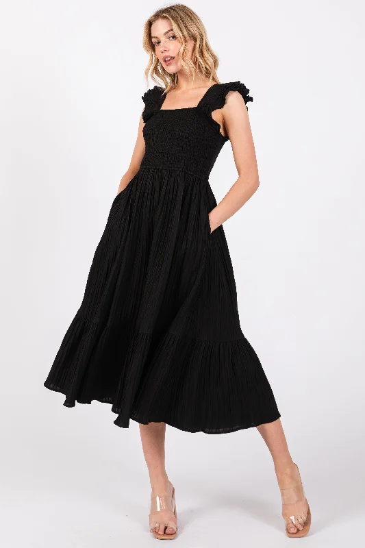 Stock Up and Save long-sleeve floral dressBlack Striped Flutter Sleeve Midi Dress
