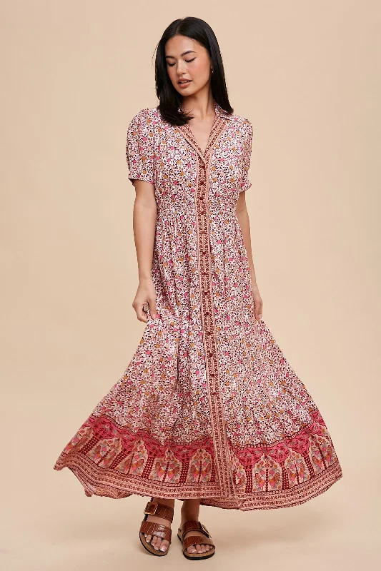 Discount Deals long-sleeve floral dressPink Floral Button Up Midi Dress