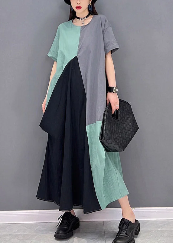 Fantastic Offers trendy bodycon dressPlus Size Grey Blue Patchwork O-Neck Long Dresses Short Sleeve