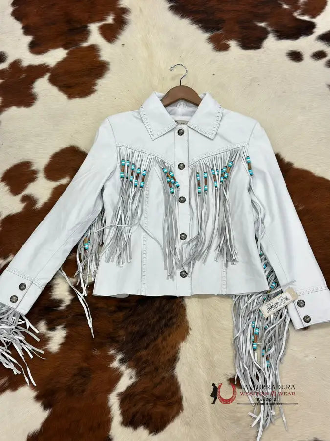 Members Only CRIPPLE CREEK JACKET GENUINE LEATHER WHITE ON FRINGE