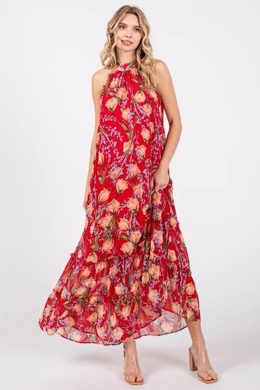Instant Discount long sleeve dressRed Floral Halter Maxi Dress