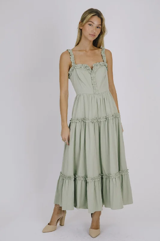 Special Price chic shift dressSage Monochromatic Ruffled Trim Midi Dress