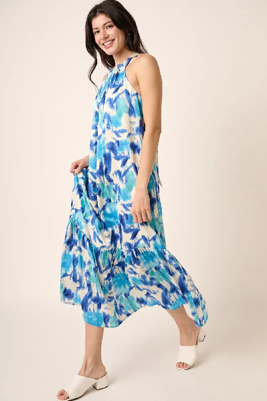 New Markdowns backless dressBlue Watercolor Print Satin Midi Dress