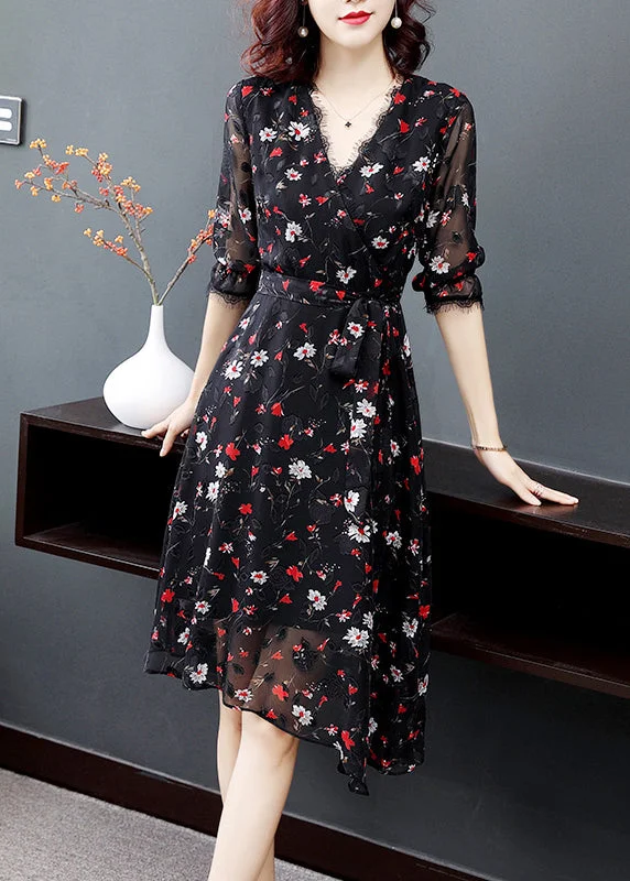 Year-End Clearance boho-chic dressElegant Black V Neck tie waist Print Chiffon Party Dress Half Sleeve Year-End Clearance boho-chic dressElegant Black V Neck tie waist Print Chiffon Party Dress Half Sleeve