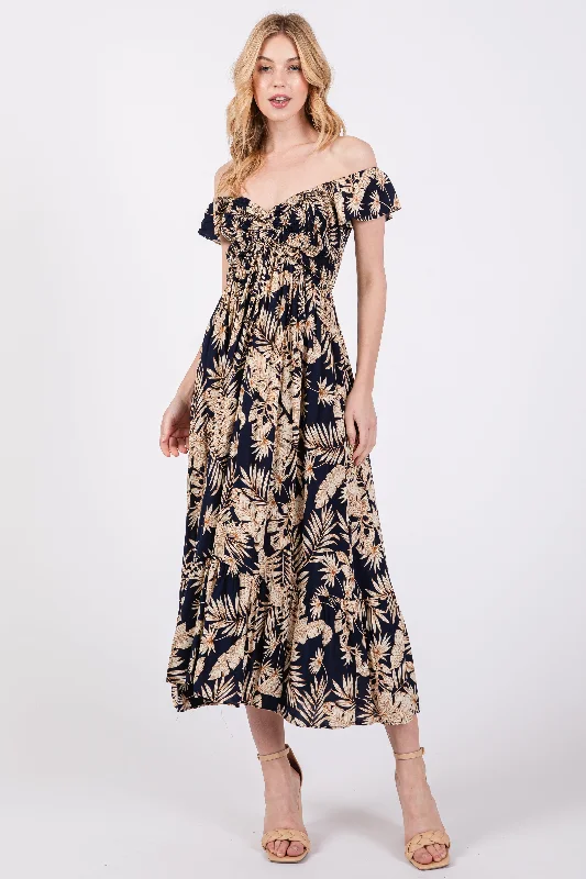 Price Fest party-ready dressNavy Tropical Print Smocked Short Sleeve Maxi Dress