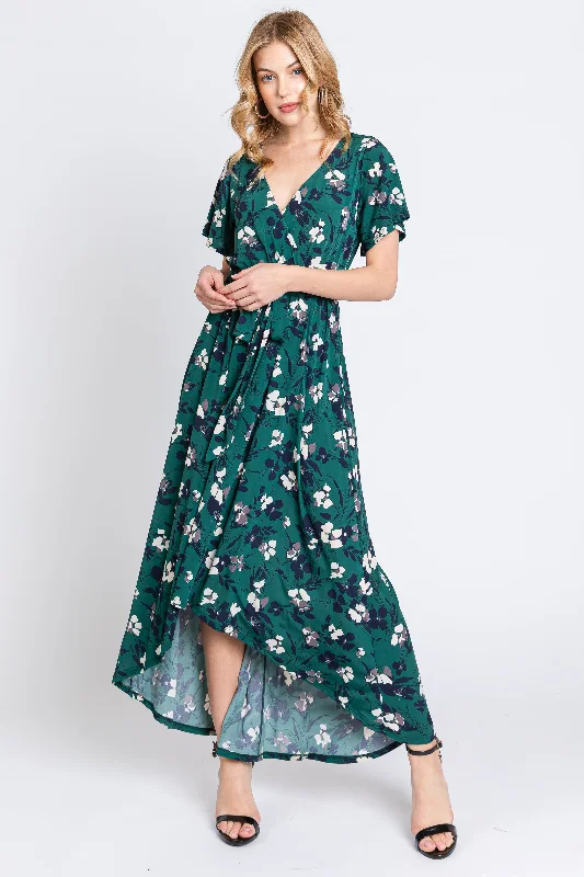 Closeout Sale pleated dressForest Green Floral Wrap Front V-Neck Hi-Low Midi Dress