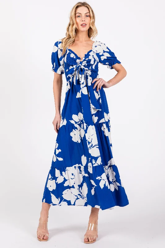 Members Only flowy evening dressRoyal Floral Smocked Knotted Top Maxi Dress