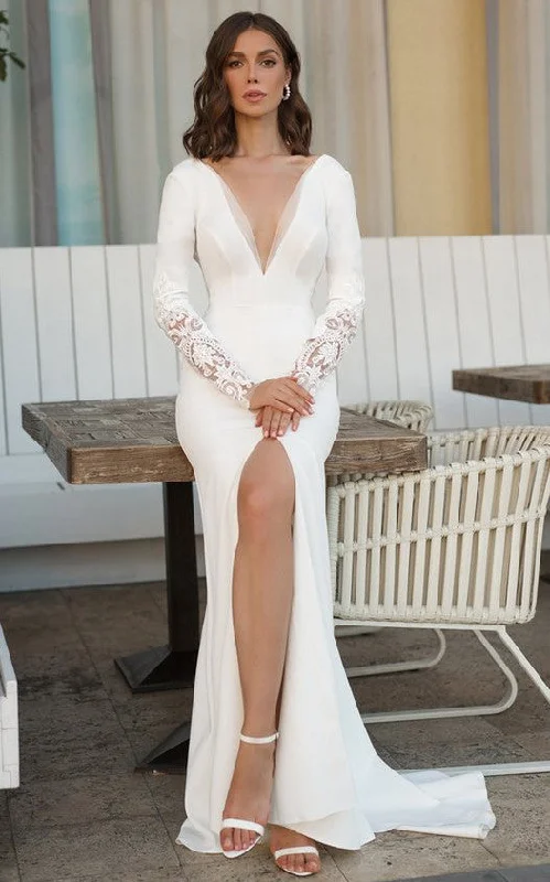 long sleeve dressCasual V-neck Sheath Floor-length Sweep Train Long Sleeve Wedding Dress With Split Front-716021