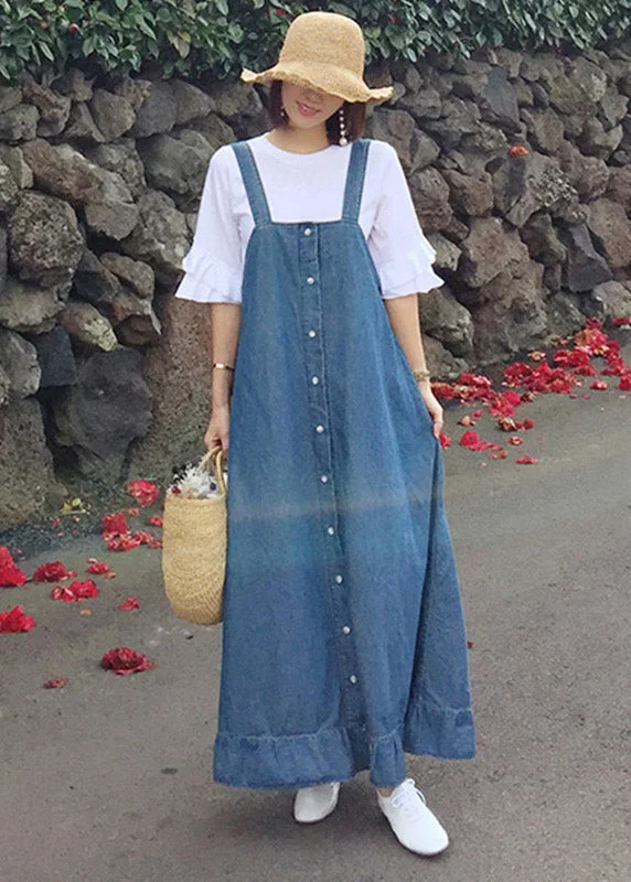 Seasonal Sale pleated maxi dressBeautiful Blue Ruffled Button Spaghetti Strap Long Dress Sleeveless