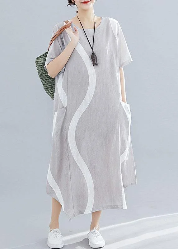 Low Prices casual shift dressWomen o neck asymmetric cotton clothes For Women design light gray striped Maxi Dresses summer