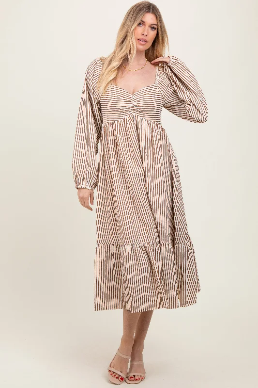 Flash Sale vintage-inspired dressBrown Striped Ruched Bodice Balloon Sleeved Midi Dress Flash Sale vintage-inspired dressBrown Striped Ruched Bodice Balloon Sleeved Midi Dress