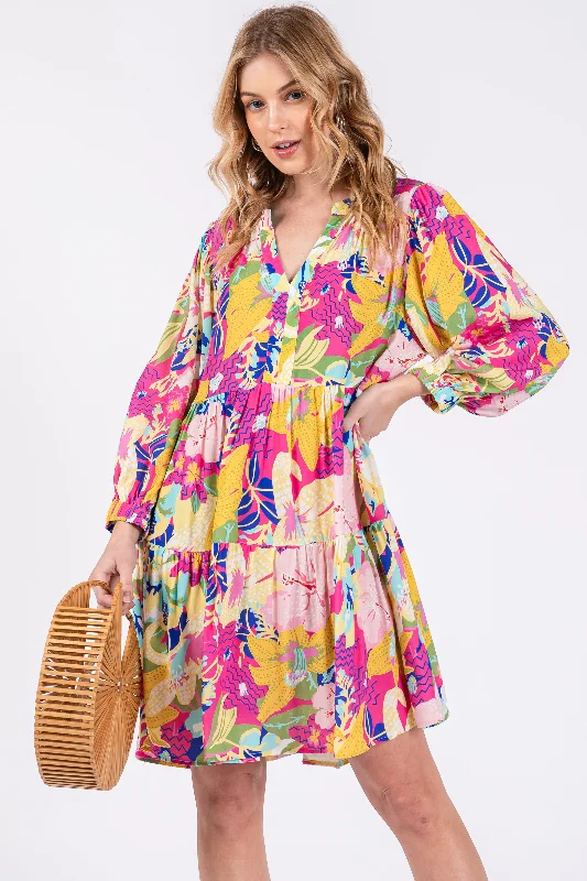 Bargain Prices sleek dressFuchsia Multicolor Floral 3/4 Length Sleeve Dress