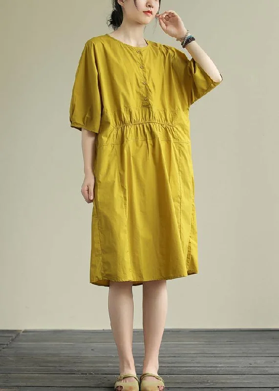 Crazy Deals long sleeve dressWomen o neck Cinched Cotton summe routfit Catwalk yellow Dress