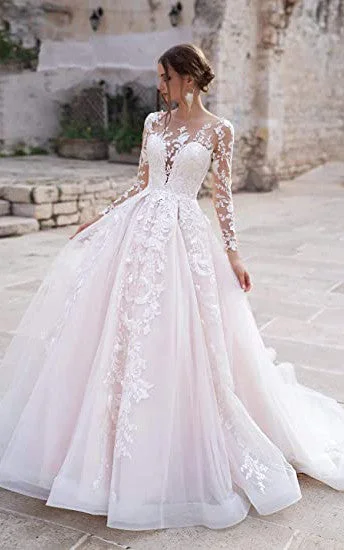 casual day dressUrban Sexy Boho Lace A-Line Ball Gown Wedding Dress Princess Tulle Plunging Illusion Sleeved Appliques Backless with Button Bridal Gown