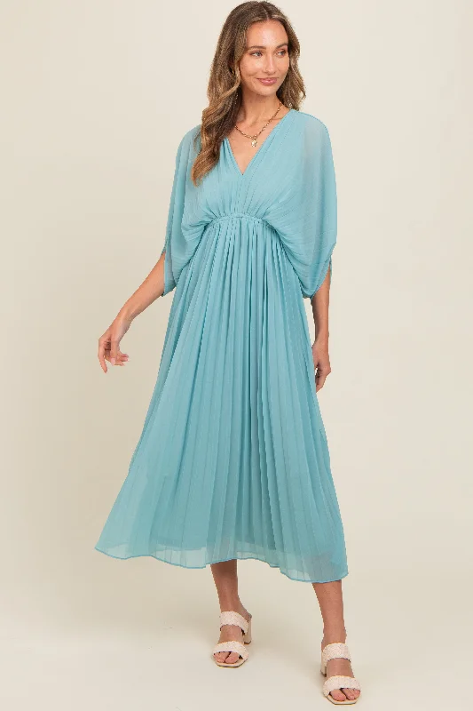 Price Cut casual dressBlue Pleated V Neck Maxi Dress