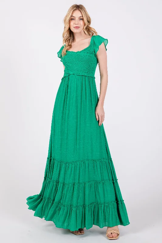 Sneak Peek Sale satin midi dressGreen Smocked Crossover Off Shoulder Maxi Dress
