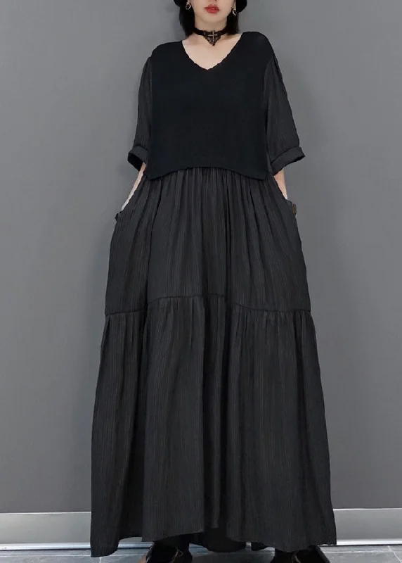 pleated dressBlack Wrinkled Vacation Long Dresses Half Sleeve