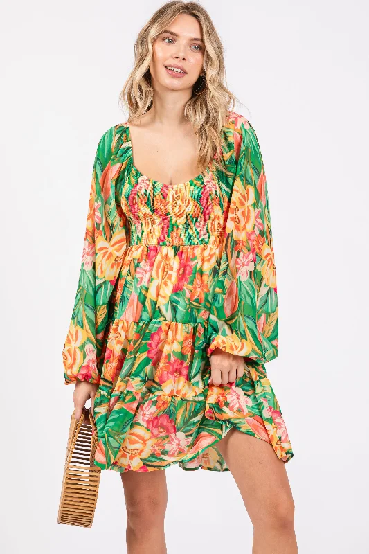 Big Discounts satin dressGreen Tropical Floral Smocked V-Neck Midi Dress