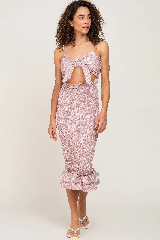 Buy More, Save More boho-chic dressMauve Gingham Print Smocked Fitted Self-Tie Midi Dress