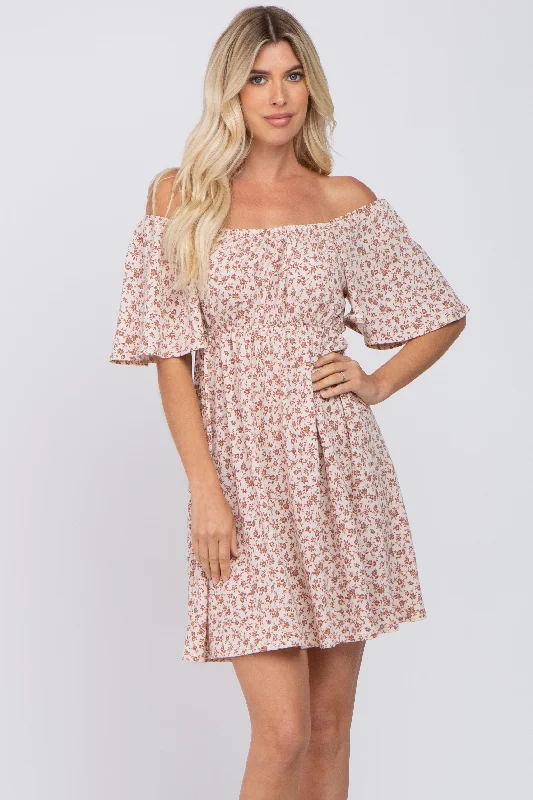 Discount Mania midi dressCream Floral Short Sleeve Dress