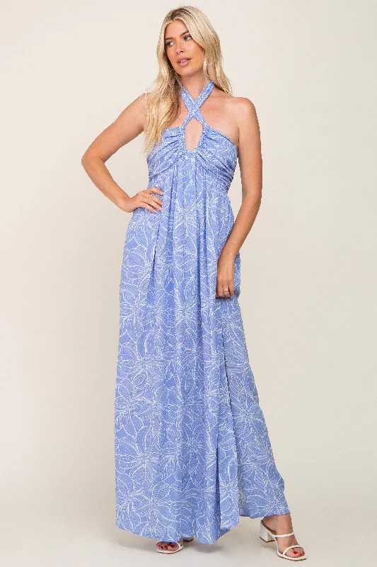 Fantastic Deals chic dressBlue Floral Halter Neck Maxi Dress