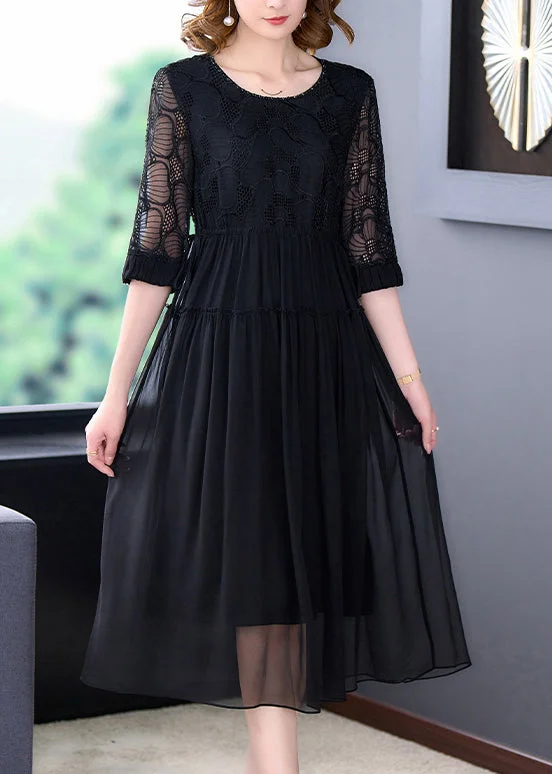 romantic dressFrench Black Wrinkled Lace Up Chiffon Long Dress Half Sleeve