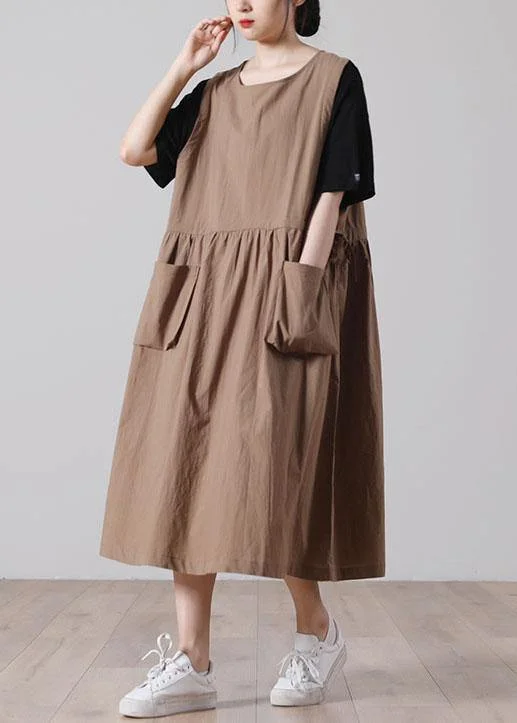 Can't Miss structured dressWomen tie waist Khaki Cotton big hem Summer Holiday Dress