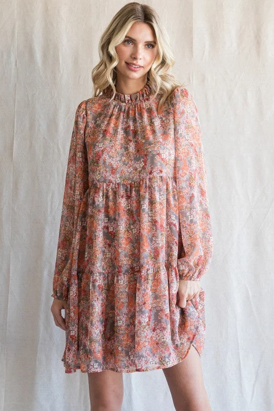 Factory Direct Sale silk dressGrey Floral Chiffon Ruffle Mock Neck Tiered Dress