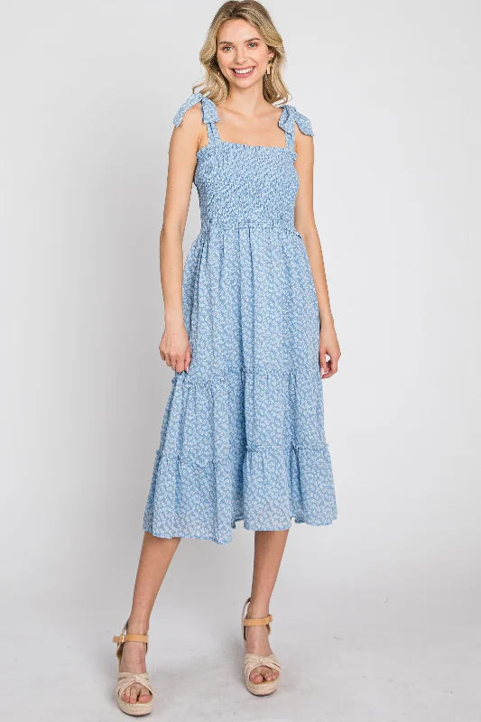 Can't Be Beat elegant dressBlue Floral Sleeveless Smocked Tiered Midi Dress