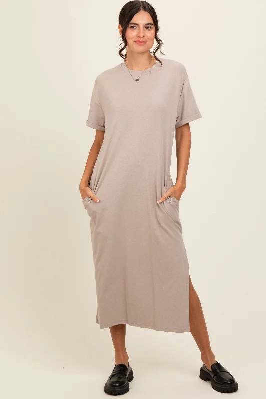 Amazing Deals off-the-shoulder dressBeige Basic Side Slit Midi Dress