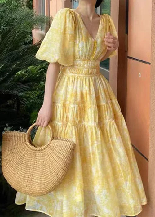 bohemian dressBohemian Yellow V Neck Print Chiffon Long Dress Summer