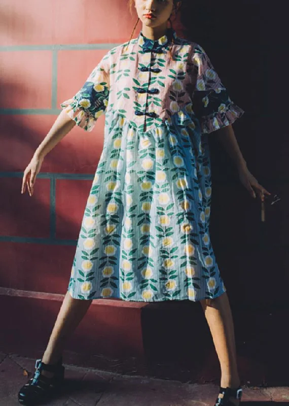 Today's Special sleeveless dressVintage Pink Print Cute stand collar Summer Dress