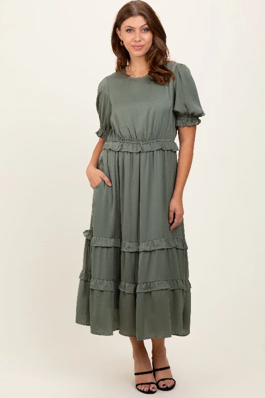 Members Only wrap-around dressOlive Satin Ruffle Trim Midi Dress