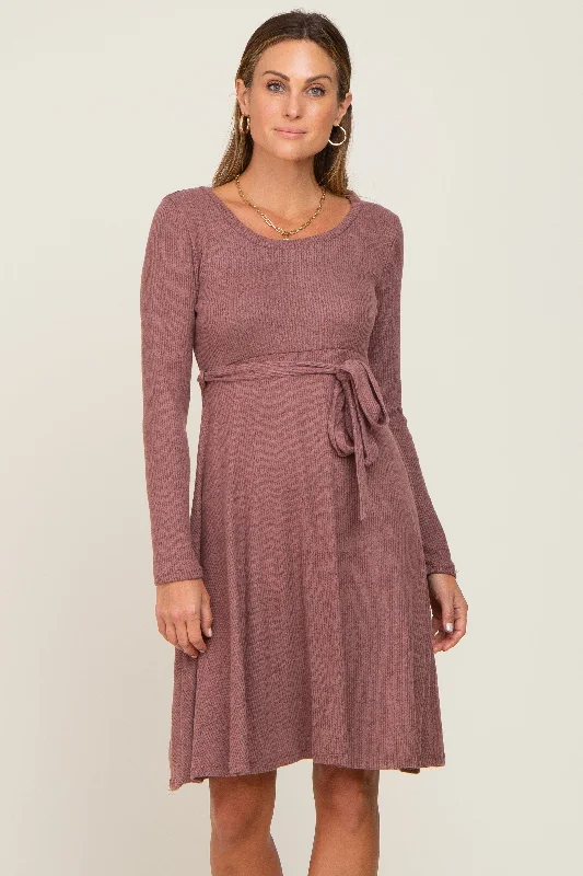 Reduced Prices silk dressMauve Soft Rib Knit Sash Tie Dress