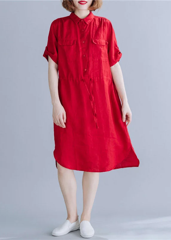 Final Markdown chic dressBoho Red Peter Pan Collar drawstring Shirt Dresses Summer