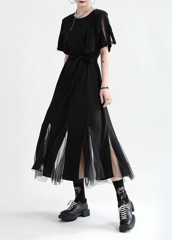 Deal Dash wool dressArt Black Patchwork Tulle Summer Tie Waist Dress Short Sleeve