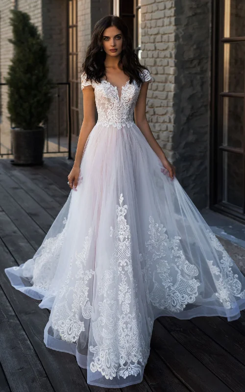 trendy bodycon dressEthereal Delicated Short Sleeve Boho Lace A-Line Wedding Dress Flowy Floral Fairy Appliques Illusion Button Back Bridal Gown with Chapel Train