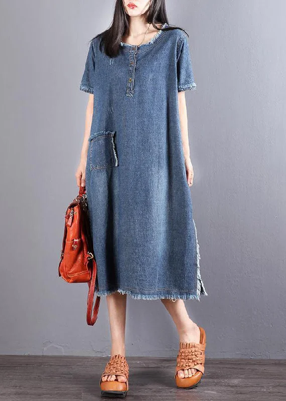 Steals and Deals satin dressStyle Blue O-Neck Tassel Pocket Side Open Cotton Vacation Denim Dresses Short Sleeve Steals and Deals satin dressStyle Blue O-Neck Tassel Pocket Side Open Cotton Vacation Denim Dresses Short Sleeve