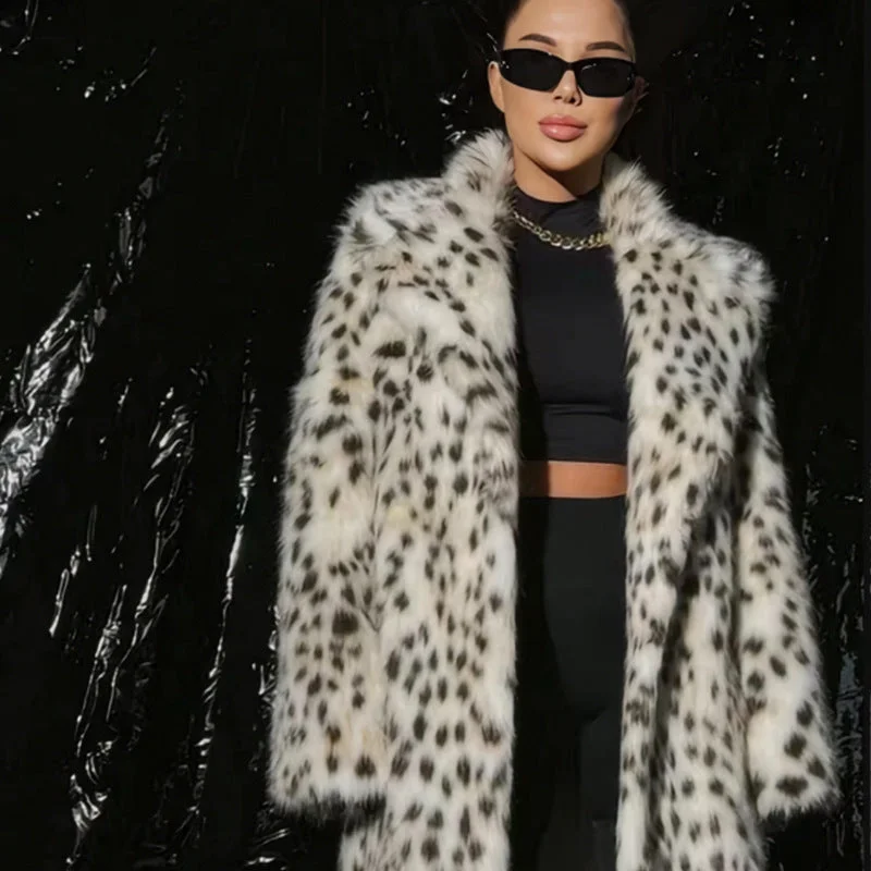 Discount Mania cozy coatWinter Leopard Print Women Mid Length Collar Faux Fur Coat