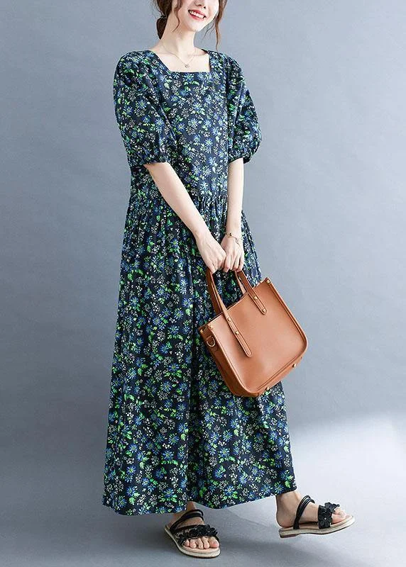 Bonus Savings spaghetti strap dressBlack Loose Square Collar Print Pockets Summer Robe Dresses Puff Sleeve