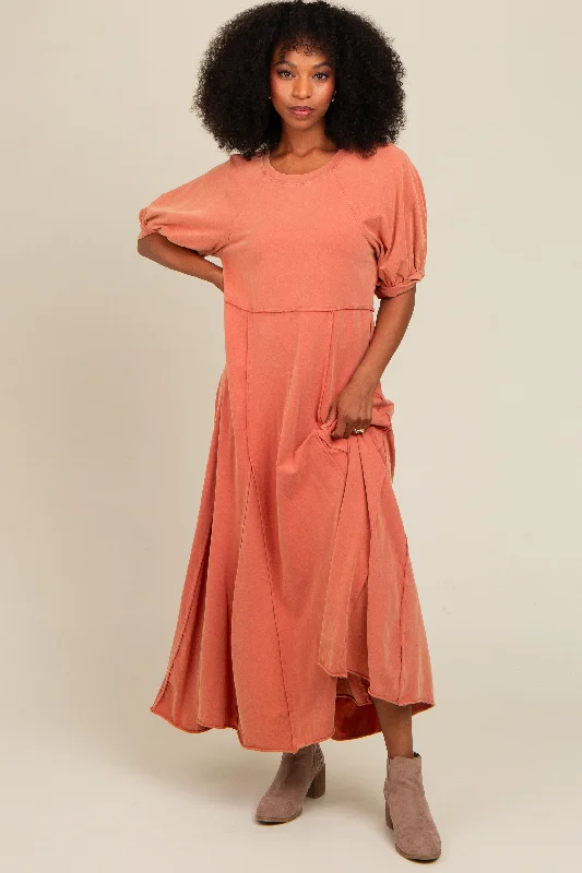 Big Savings textured dressRust Vintage Wash Puff Sleeve Maxi Dress