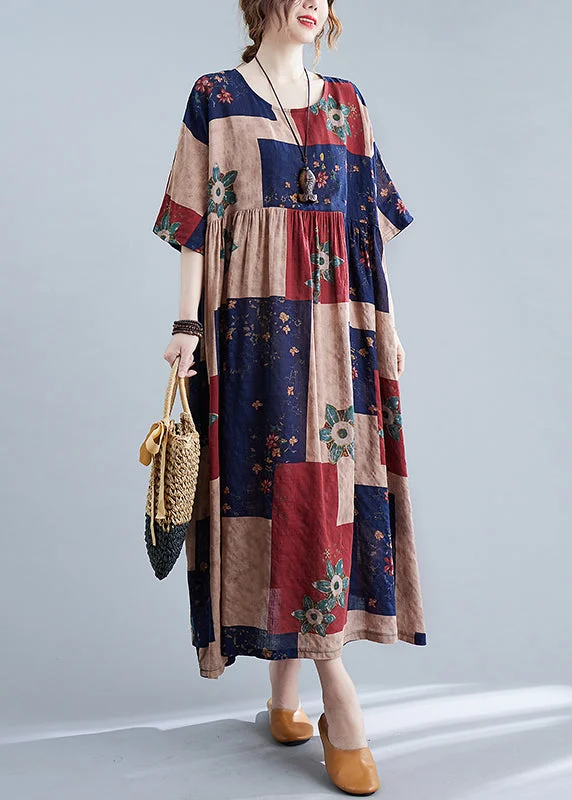 Bargain Blast cocktail dressPlus Size Navy Cinched O-Neck Print Dresses Half Sleeve