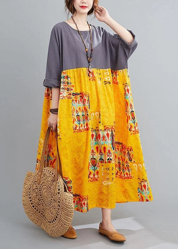 Online Only sleeveless dressGrey Patchwork Yellow Print O-Neck Pockets Summer Party Dresses