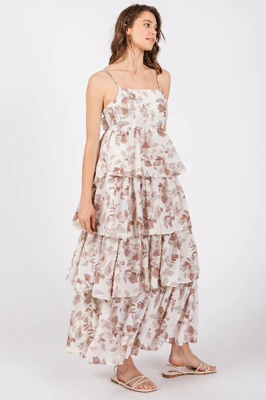 Discount Mania textured dressMocha Leaf Print Square Neck Cut-Out Back Ruffle Tiered Midi Dress