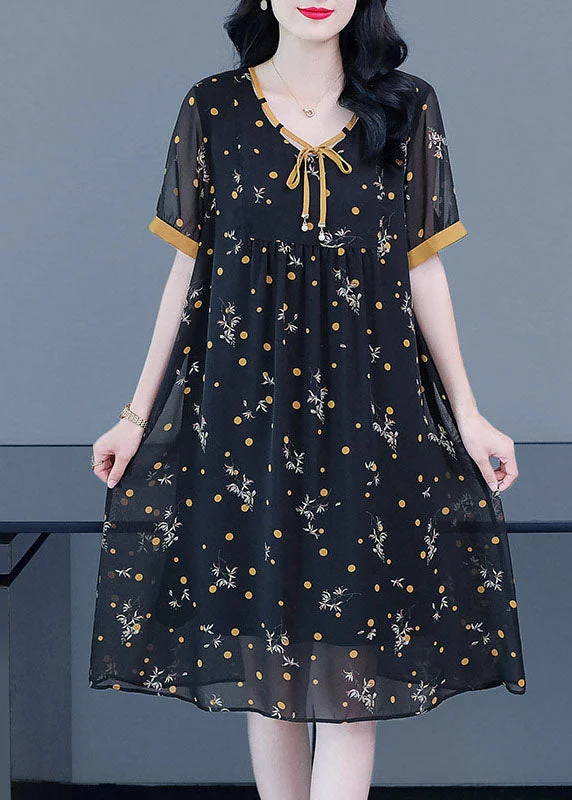 Limited Time Offer one-shoulder dressFashion Black Lace Up Wrinkled Patchwork Print Chiffon Party Dress Short Sleeve